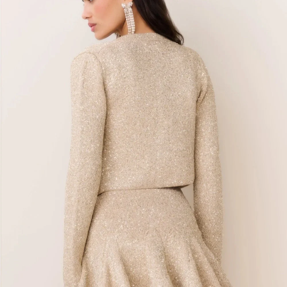 LoveShackFancy Ferra Sequin Stretch Knit Cardigan Color:Honey Gold NWT